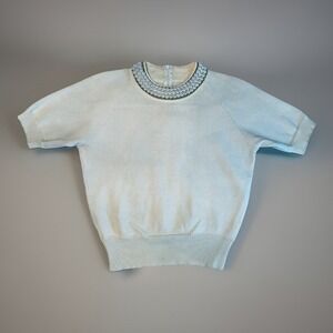 Andrea Jovine Pearl Collar Ivory Knit Top Short Sleeve Vintage Made Hong Kong